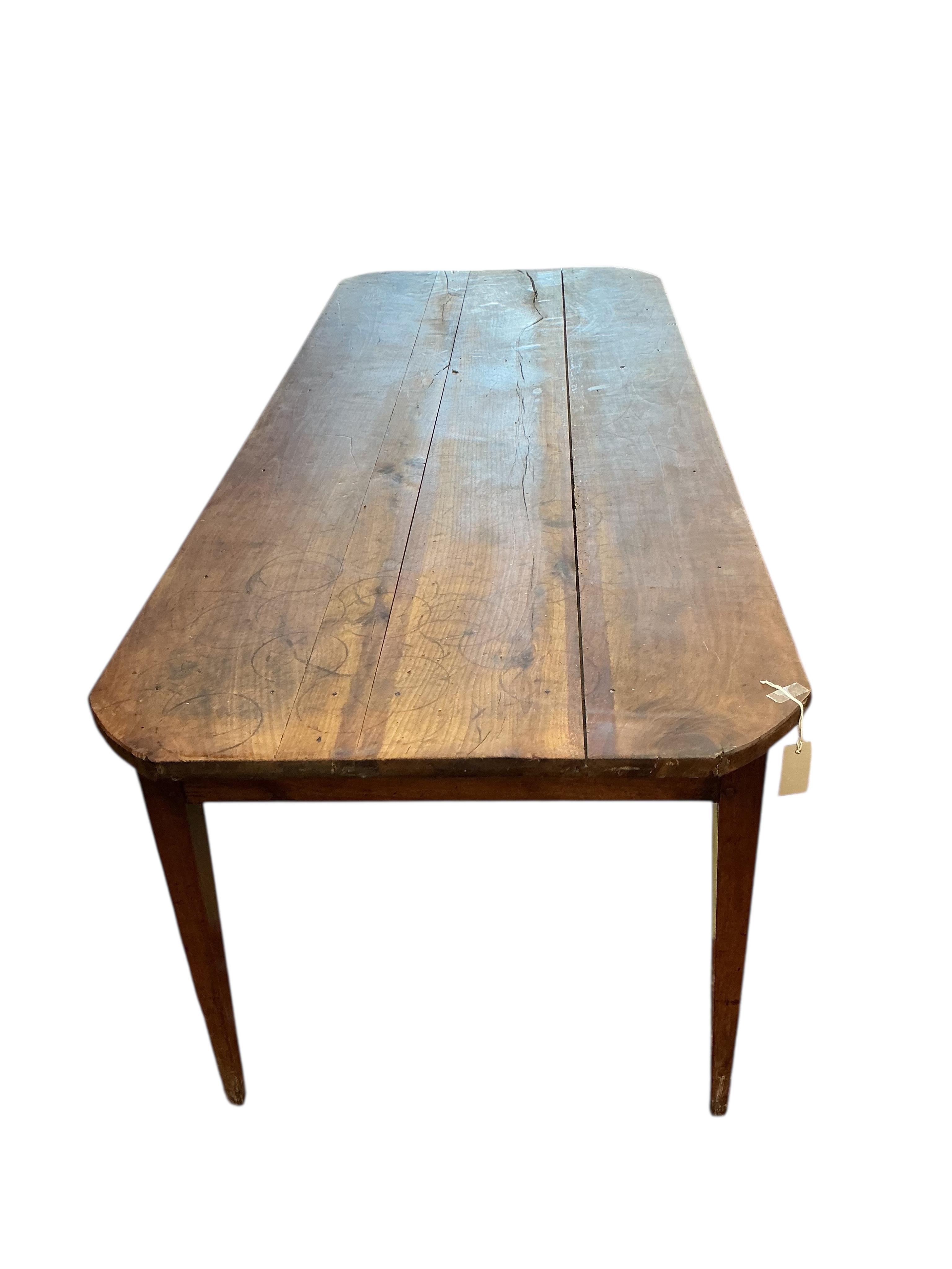 A 19th century French rectangular cherry kitchen table, width 200cm, depth 80cm, height 73cm